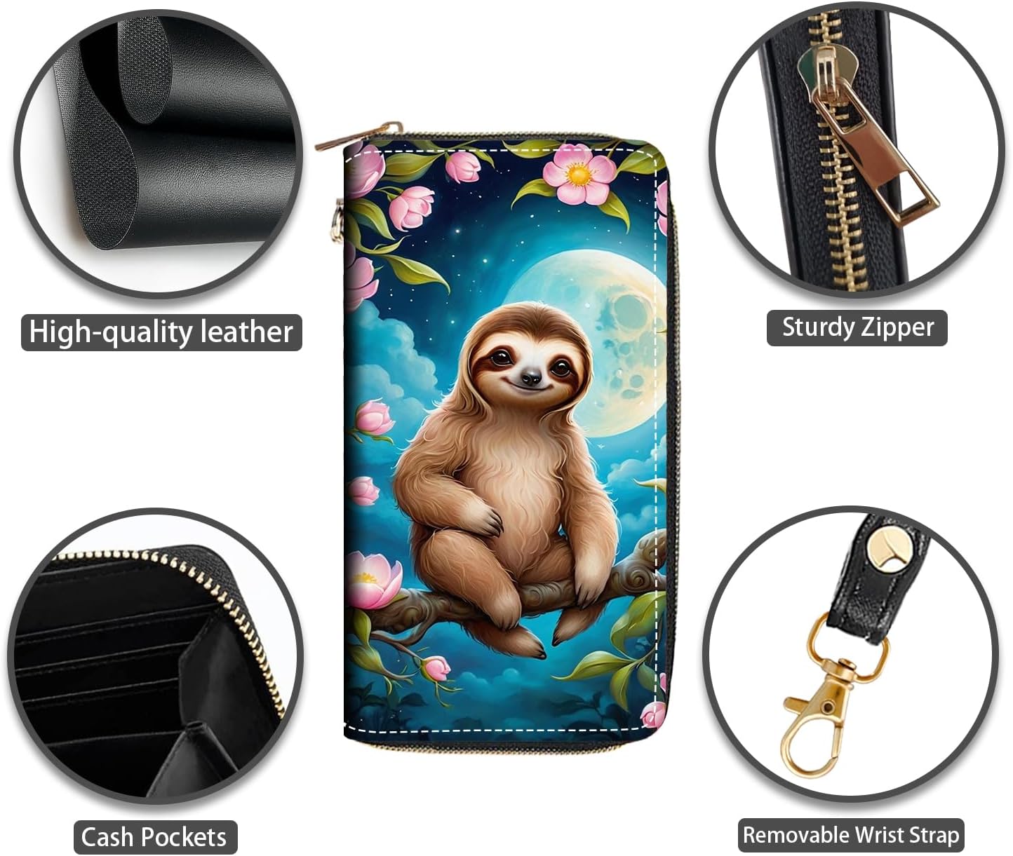 HOTCute Sloth Print Women Large Capacity PU Leather Zip Around Wallet, Multifunctional Clutch Purse for Cash/Card/Coin/Smart Phone