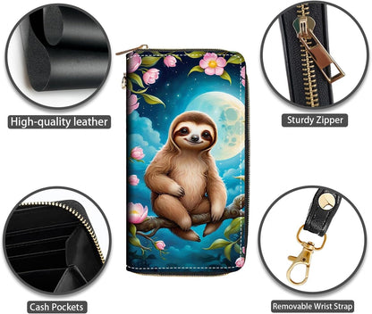 HOTCute Sloth Print Women Large Capacity PU Leather Zip Around Wallet, Multifunctional Clutch Purse for Cash/Card/Coin/Smart Phone