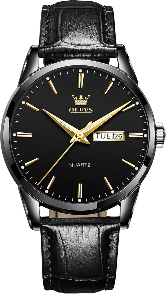 HOTQBAIZI Men's Casual Leather Watch, Easy to Read Three-Hand Analog Stainless Steel Watches for Men, Minimalist Day Date Waterproof Luminous Mens Quartz Wristwatch