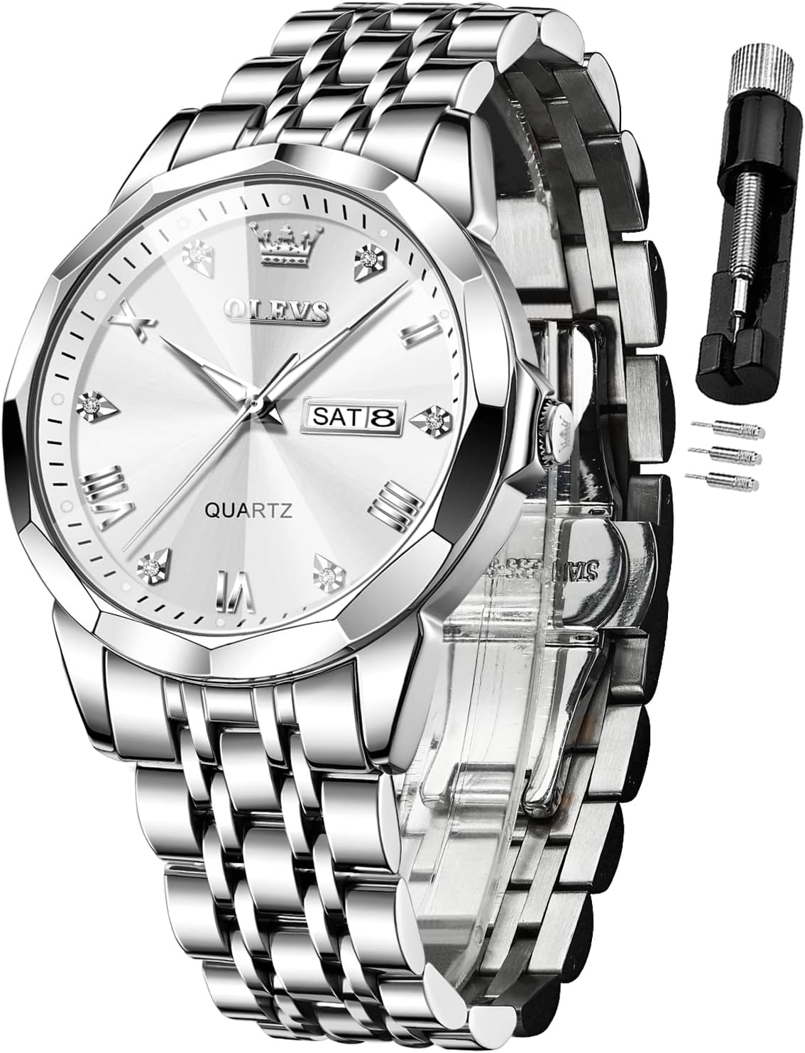 HOTOLEVS Watch for Men Diamond Business Dress Analog Quartz Stainless Steel Waterproof Luminous Date Two Tone Luxury Casual Wrist Watch Blue