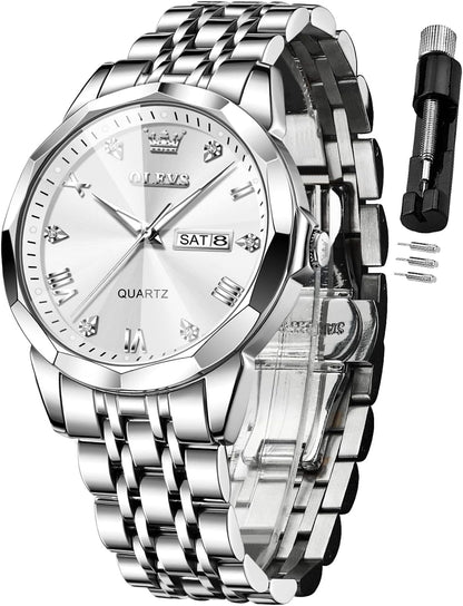HOTOLEVS Watch for Men Diamond Business Dress Analog Quartz Stainless Steel Waterproof Luminous Date Two Tone Luxury Casual Wrist Watch Blue