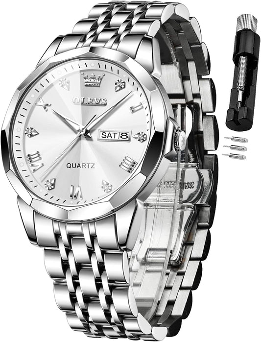 HOTOLEVS Watch for Men Diamond Business Dress Analog Quartz Stainless Steel Waterproof Luminous Date Two Tone Luxury Casual Wrist Watch Blue