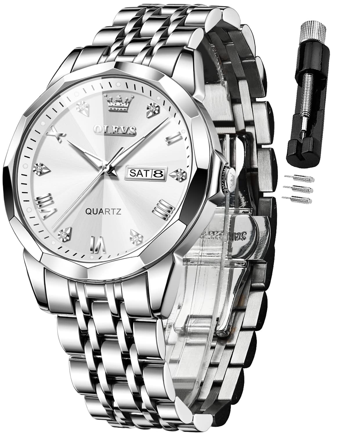 HOTOLEVS Watch for Men Diamond Business Dress Analog Quartz Stainless Steel Waterproof Luminous Date Two Tone Luxury Casual Wrist Watch Blue