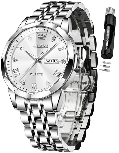 HOTOLEVS Watch for Men Diamond Business Dress Analog Quartz Stainless Steel Waterproof Luminous Date Two Tone Luxury Casual Wrist Watch Blue