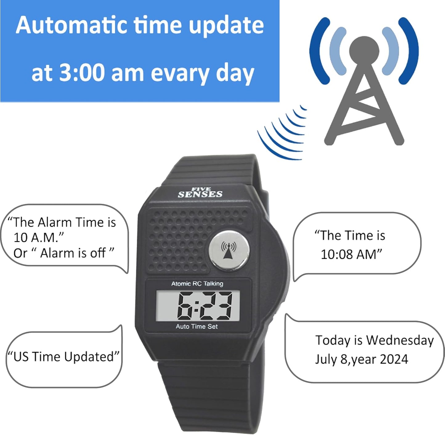 HOTFive Senses - English Atomic Talking Watch, Easy to use for Seniors Blind Men Women, Loud Talking Watch with Sound for Vision Impaired, Watches for Elderly Women, Blind People Products 1026 (BLACK)