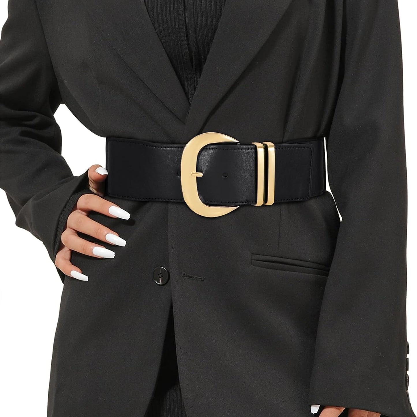 HOTWHIPPY Women Wide Elastic Waist Belt for Dresses Fashion Gold Buckle Stretchy Leather Waistband for Ladies