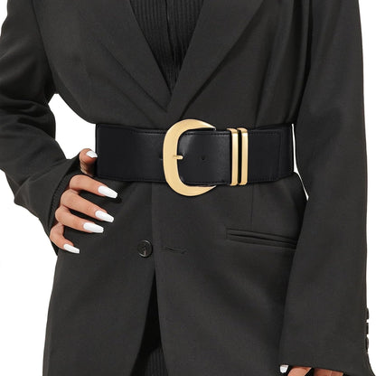 HOTWHIPPY Women Wide Elastic Waist Belt for Dresses Fashion Gold Buckle Stretchy Leather Waistband for Ladies