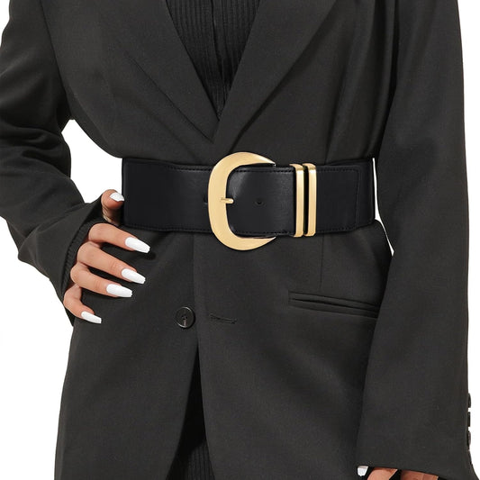 HOTWHIPPY Women Wide Elastic Waist Belt for Dresses Fashion Gold Buckle Stretchy Leather Waistband for Ladies