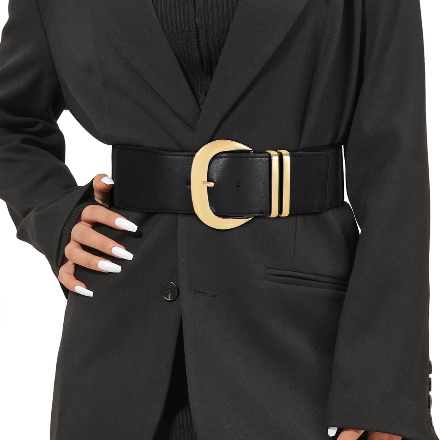 HOTWHIPPY Women Wide Elastic Waist Belt for Dresses Fashion Gold Buckle Stretchy Leather Waistband for Ladies
