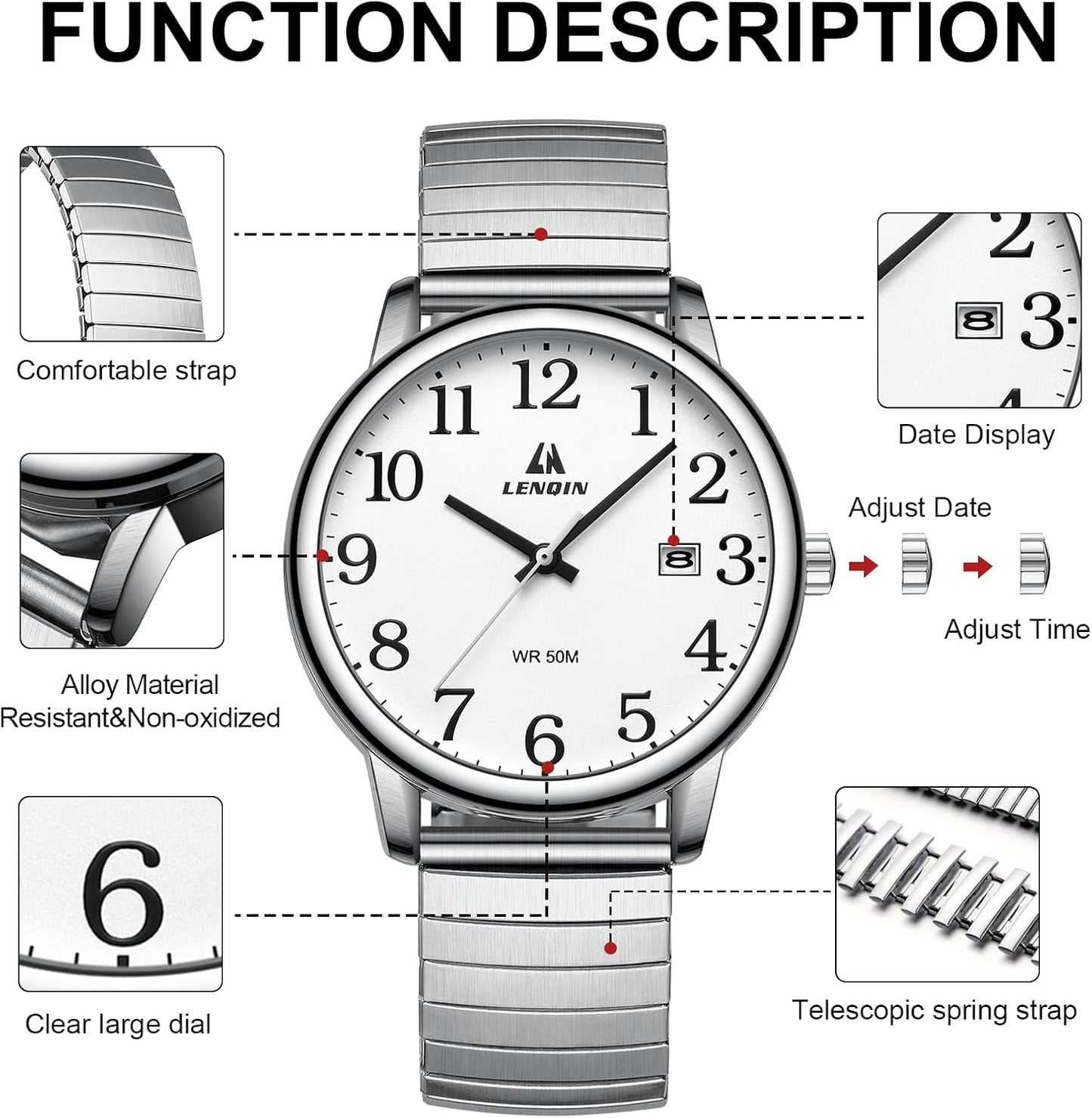 HOTLN LENQIN Mens Watches Easy Read Analog Quartz Sport Waterproof Watch for Men with Date and 38mm Stainless Steel Expansion Band