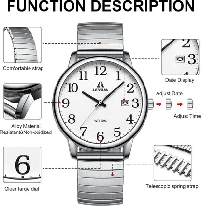 HOTLN LENQIN Mens Watches Easy Read Analog Quartz Sport Waterproof Watch for Men with Date and 38mm Stainless Steel Expansion Band