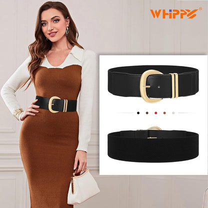 HOTWHIPPY Women Wide Elastic Waist Belt for Dresses Fashion Gold Buckle Stretchy Leather Waistband for Ladies