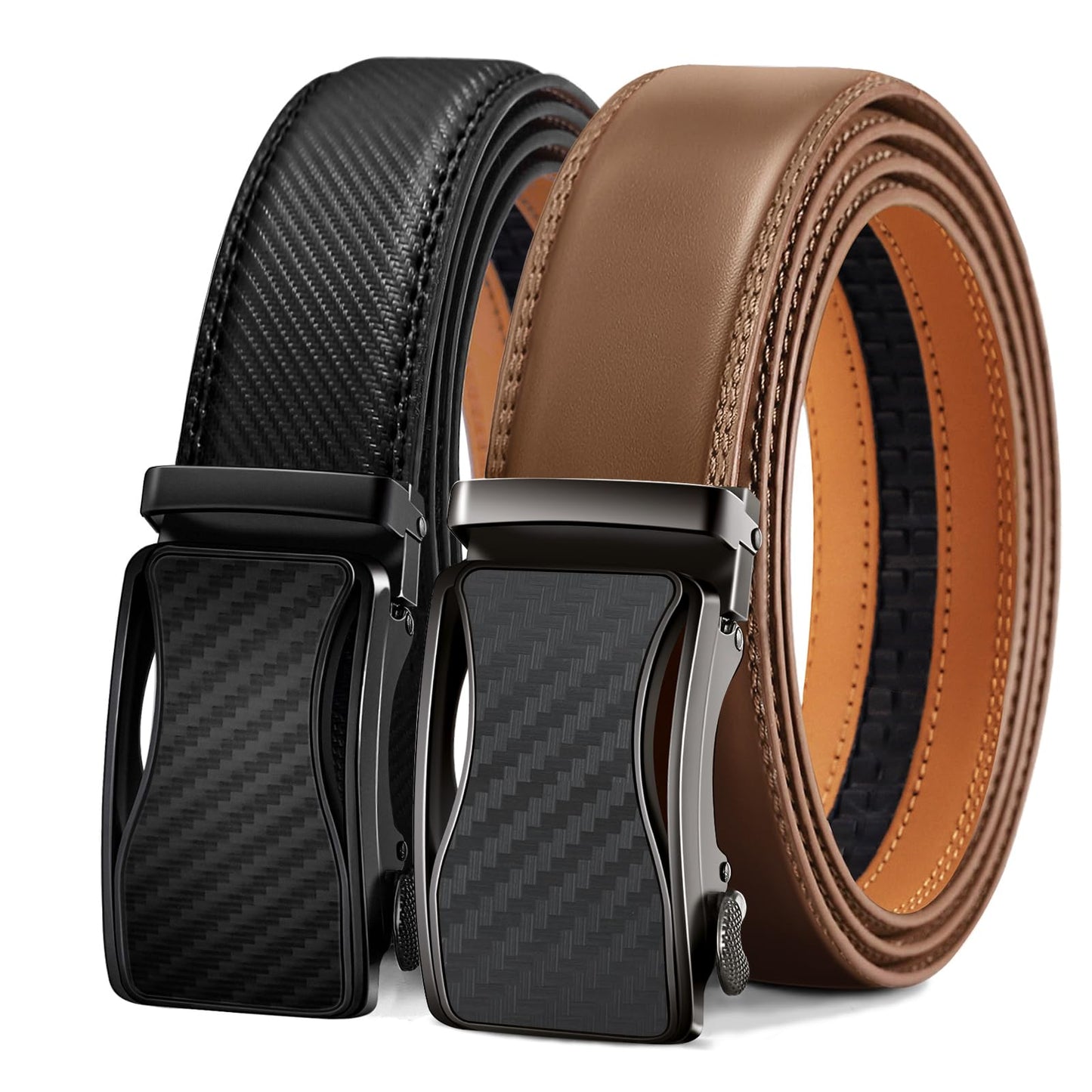 HOTKEMISANT Men's Ratchet Leather Belt 2Pack-Trimmable 1 3/8“-Gift Boxed | Smooth Sliding | Micro Adjustable Fit | Tailored Size | Holeless Understated Elegance