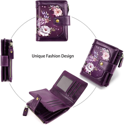 HOTSmall Womens Wallet Billfold RFID Credit Card Holder Ladies Purse | Compact Wallets Women, 2 ID Windows,16 Card Slots, Zipper Coin Pocket, PU Leather, Woman Female Girls Gift, Purple Flower