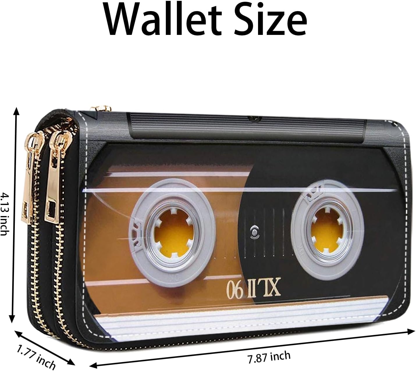 HOTWomen's Vintage 80s Music Cassette Print Double Zipper Wallet, Large Capacity, Credit Card Holder, Phone Wallet, Wristlet Strap, 7.87 x 4.13 x 1.77 inches