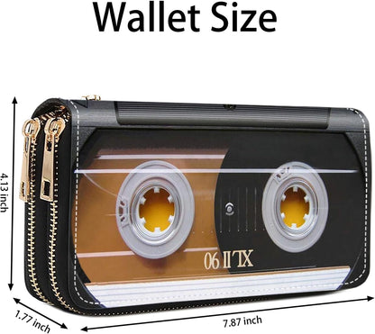 HOTWomen's Vintage 80s Music Cassette Print Double Zipper Wallet, Large Capacity, Credit Card Holder, Phone Wallet, Wristlet Strap, 7.87 x 4.13 x 1.77 inches