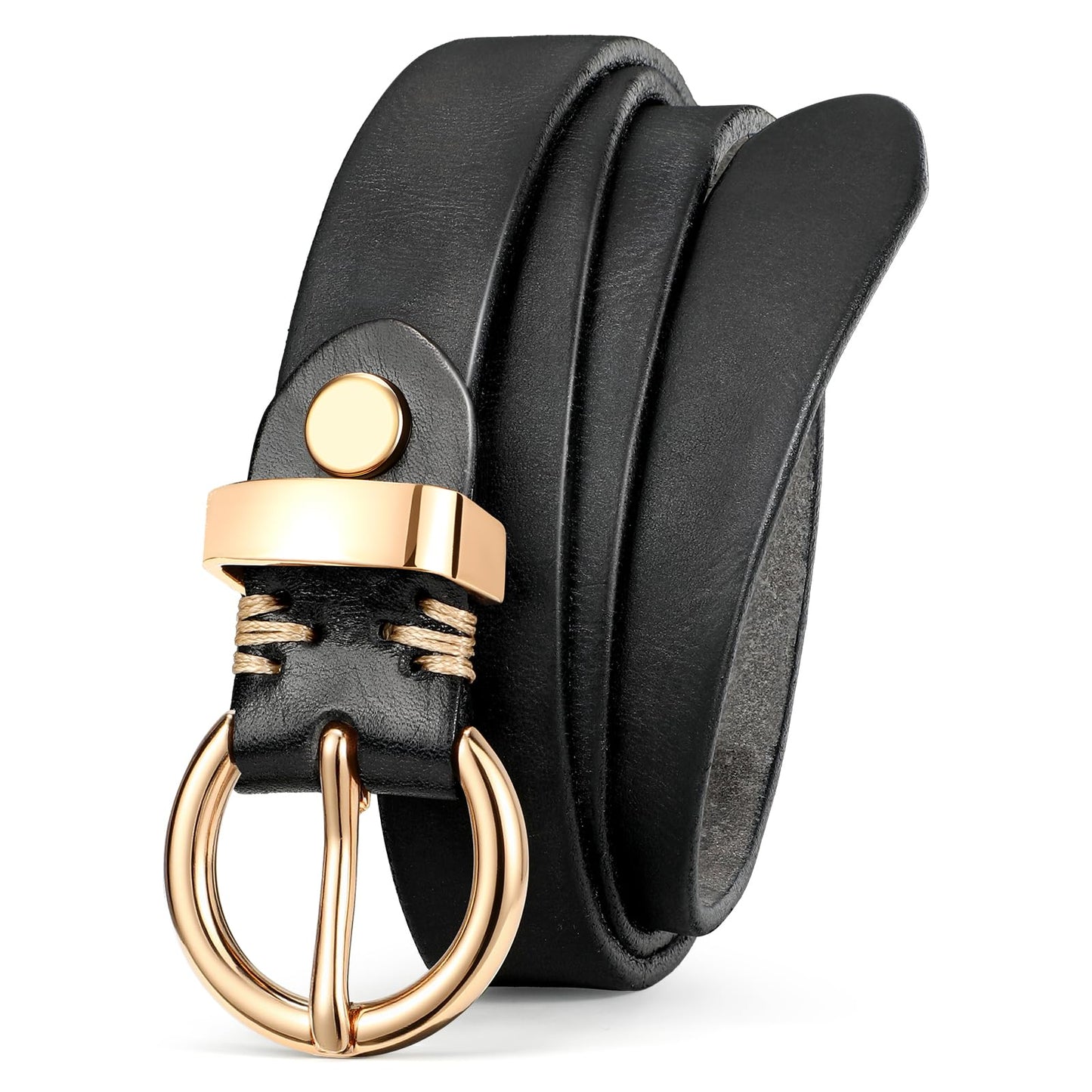 HOTSANSTHS Womens Genuine Leather Belts for Jeans Pants Trendy Vintage Thin Leather Belt Gold Buckle Ladies Skinny Waist Belt