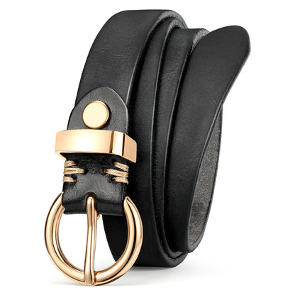 HOTSANSTHS Womens Genuine Leather Belts for Jeans Pants Trendy Vintage Thin Leather Belt Gold Buckle Ladies Skinny Waist Belt