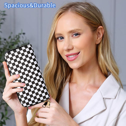 HOTCheckered Wallets for Women Cute Large Capacity Black White Plaid Purse 2 Zippers Credit Card Holder (checkered)