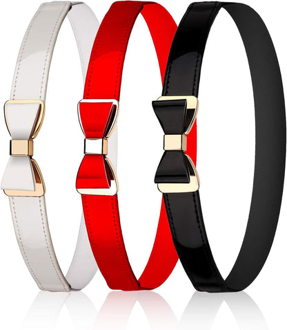 HOTTatuo 3 Pieces Women Skinny Waist Belt Red Black and White Thin Stretchy Bow Belt for Valentine's Day(Red, Black and White)