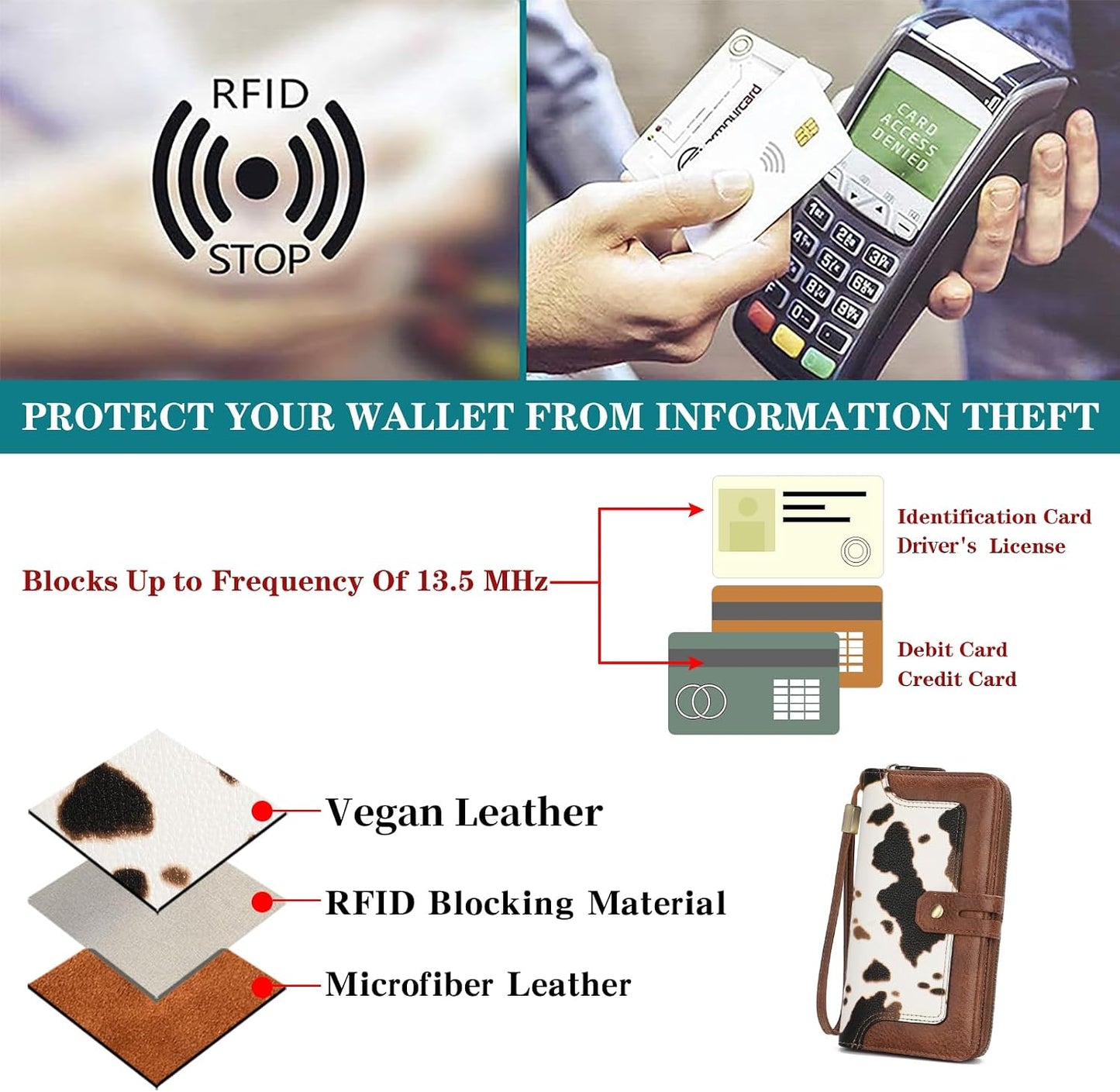 HOTGOIACII Wristlet Wallets for Women Large Capacity RFID Blocking Ladies Phone Clutch Card Holder Cow Print Brown