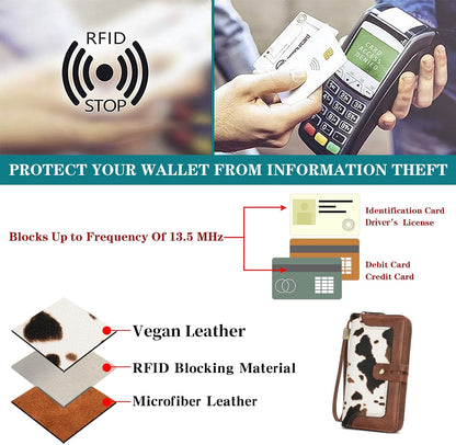 HOTGOIACII Wristlet Wallets for Women Large Capacity RFID Blocking Ladies Phone Clutch Card Holder Cow Print Brown