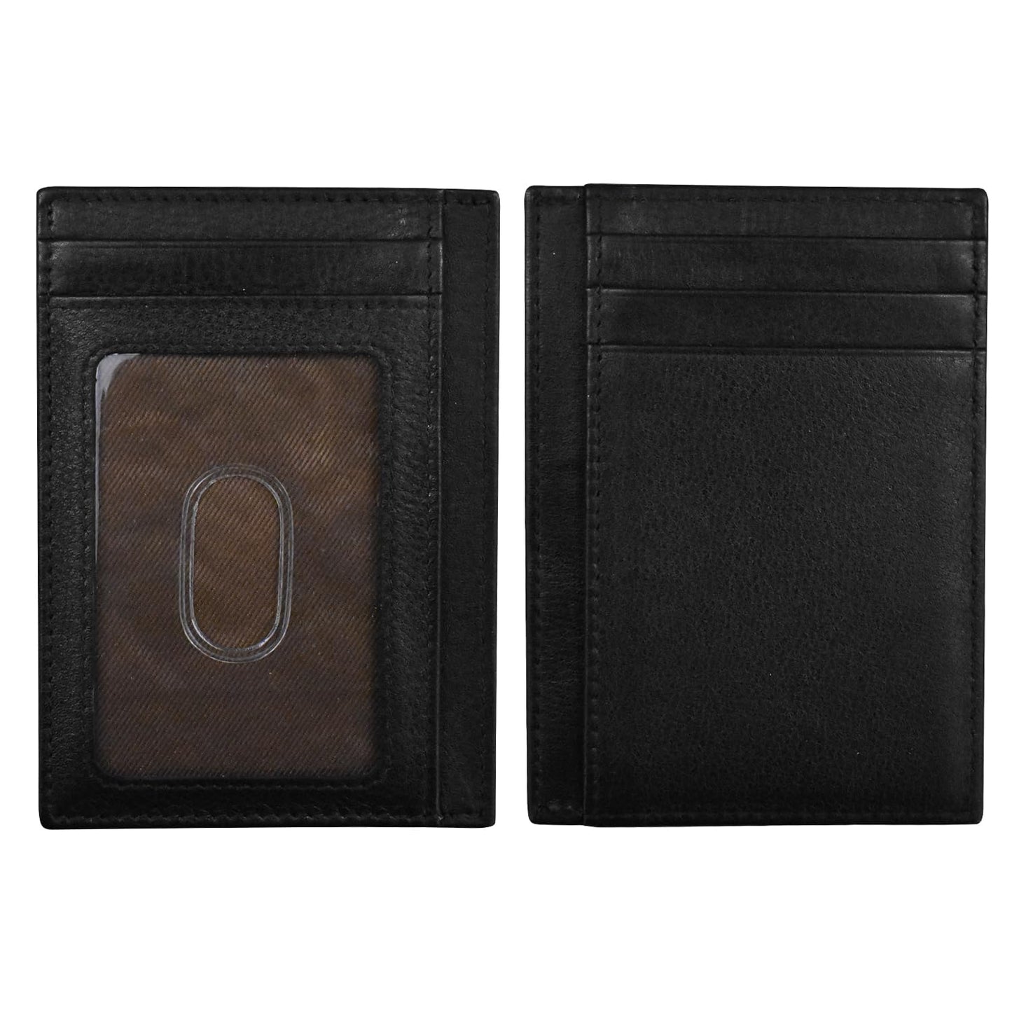 HOTili New York Genuine Leather Slim RFID Card Holder for Men - 7 Slots, Clear ID Window with Thumb Slide, Compact 4.5" x 3", Minimalist Credit Card Holder for Front or Back Pocket - Antique Saddle