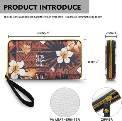 HOTHawaii Totem Flowers PU Leather Ladies Wallet Wristlet, Tropical Hawaiian Tiki Art Zip Around Wallets for Women, Brown Large Capacity Card Holder Organizer