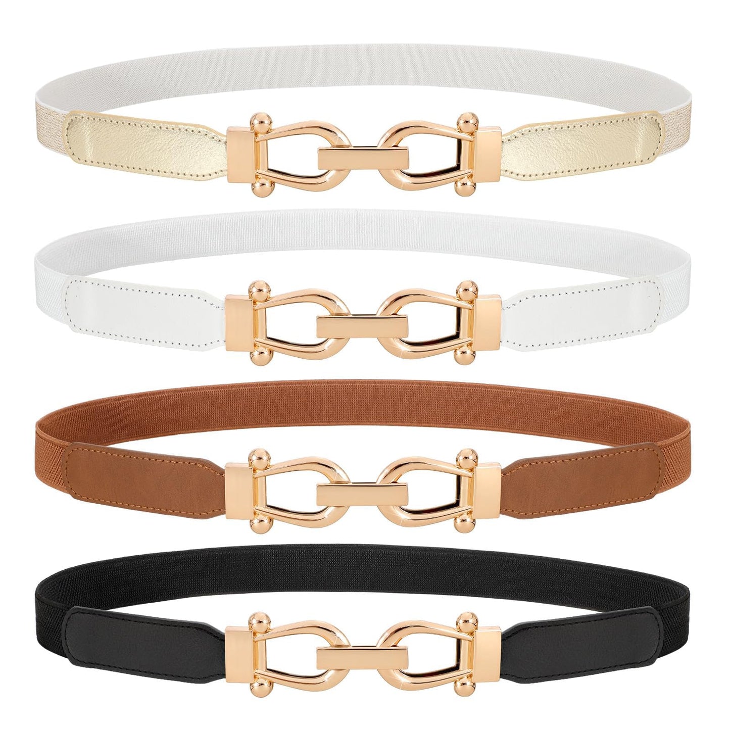 HOTWERFORU 4 Pack Women Skinny Elastic Waist Belt Gold Buckle Stretchy Thin Belt for Jeans Dress