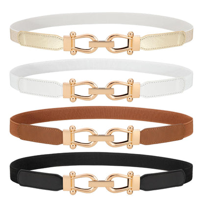 HOTWERFORU 4 Pack Women Skinny Elastic Waist Belt Gold Buckle Stretchy Thin Belt for Jeans Dress