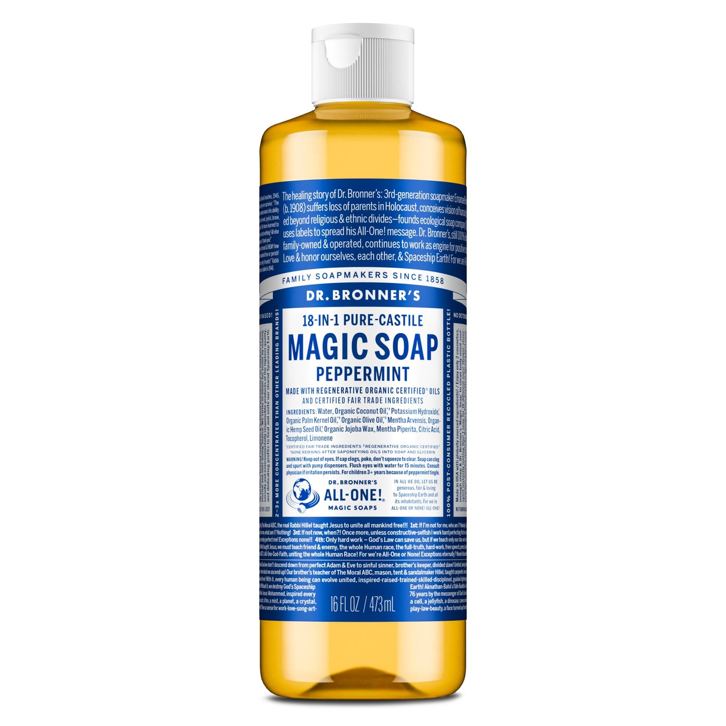 HOTDr. Bronner's Pure-Castile Magic Liquid Soap - Made with Regenerative Organic Certified Oils- 18-in-1 Uses for Face, Body, Hand, Hair, Laundry & More- Vegan, Non-GMO- Body Wash- Peppermint,32oz