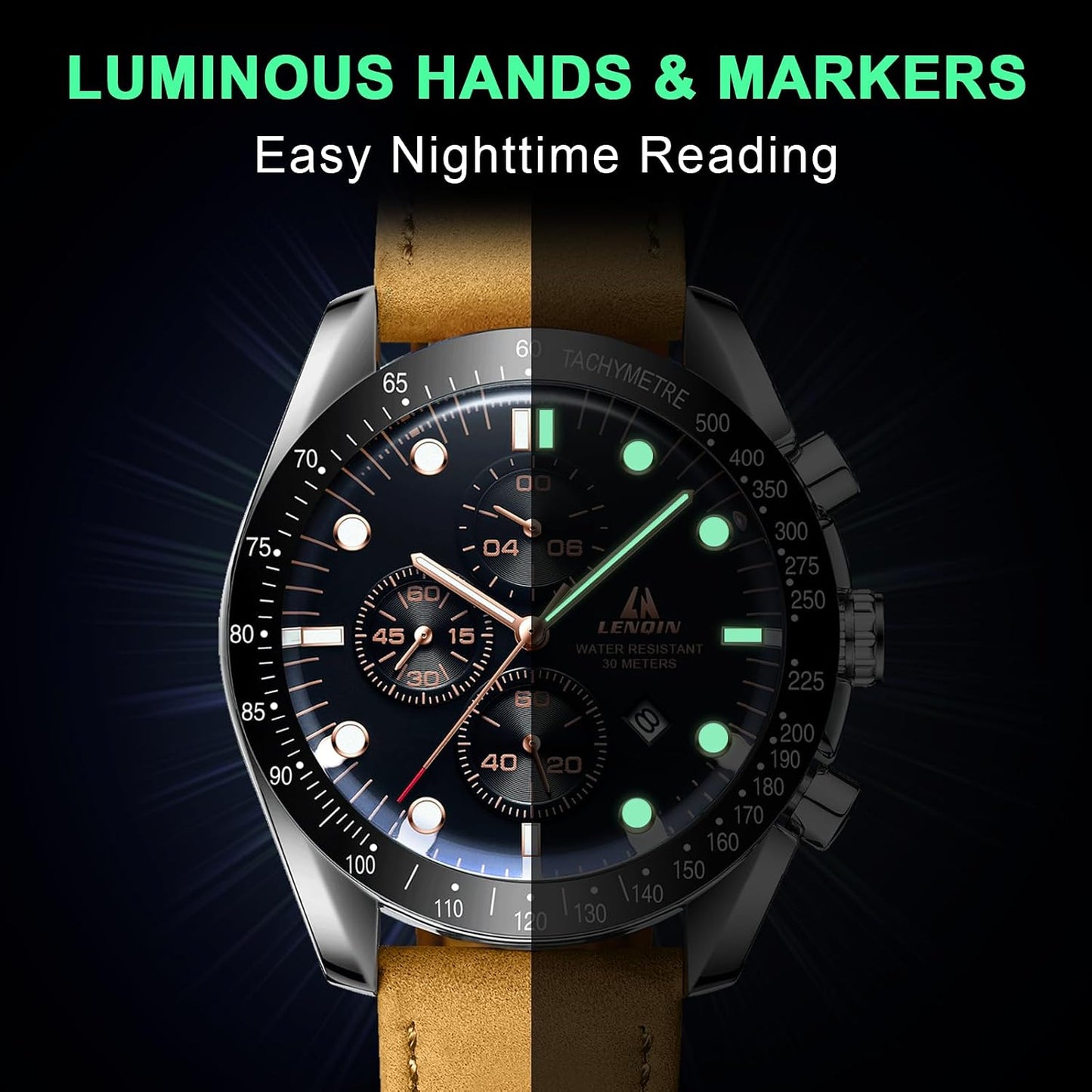HOTLN LENQIN Mens Watches Leather Watch Analog Quartz Watch for Men Luminous Luxury Fashion Business Casual 30M Waterproof Men's Wrist Watches with Date