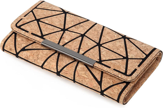 HOTWomen Girls Vegan Geometric Cork Wallet Three Fold Minimalist Purse Slim Card Holder Eco Friendly Cork Clutch Bag For Birthday Christmas Gifts(Color:Trifold 1)