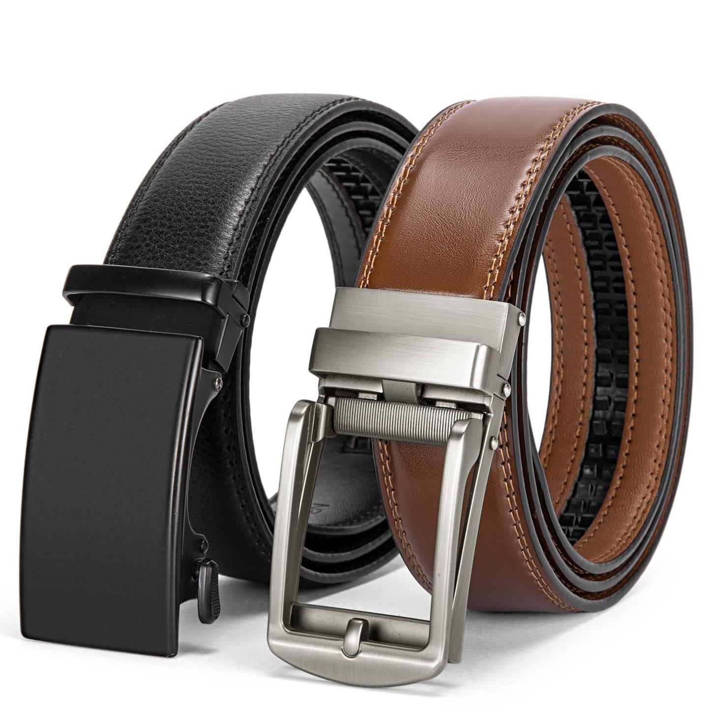 HOTBOSTANTEN Ratchet Leather Belt For Men 2 Pack Dress and Casual with Adjustable Buckle, Trim to Fit