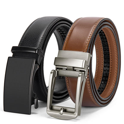 HOTBOSTANTEN Ratchet Leather Belt For Men 2 Pack Dress and Casual with Adjustable Buckle, Trim to Fit