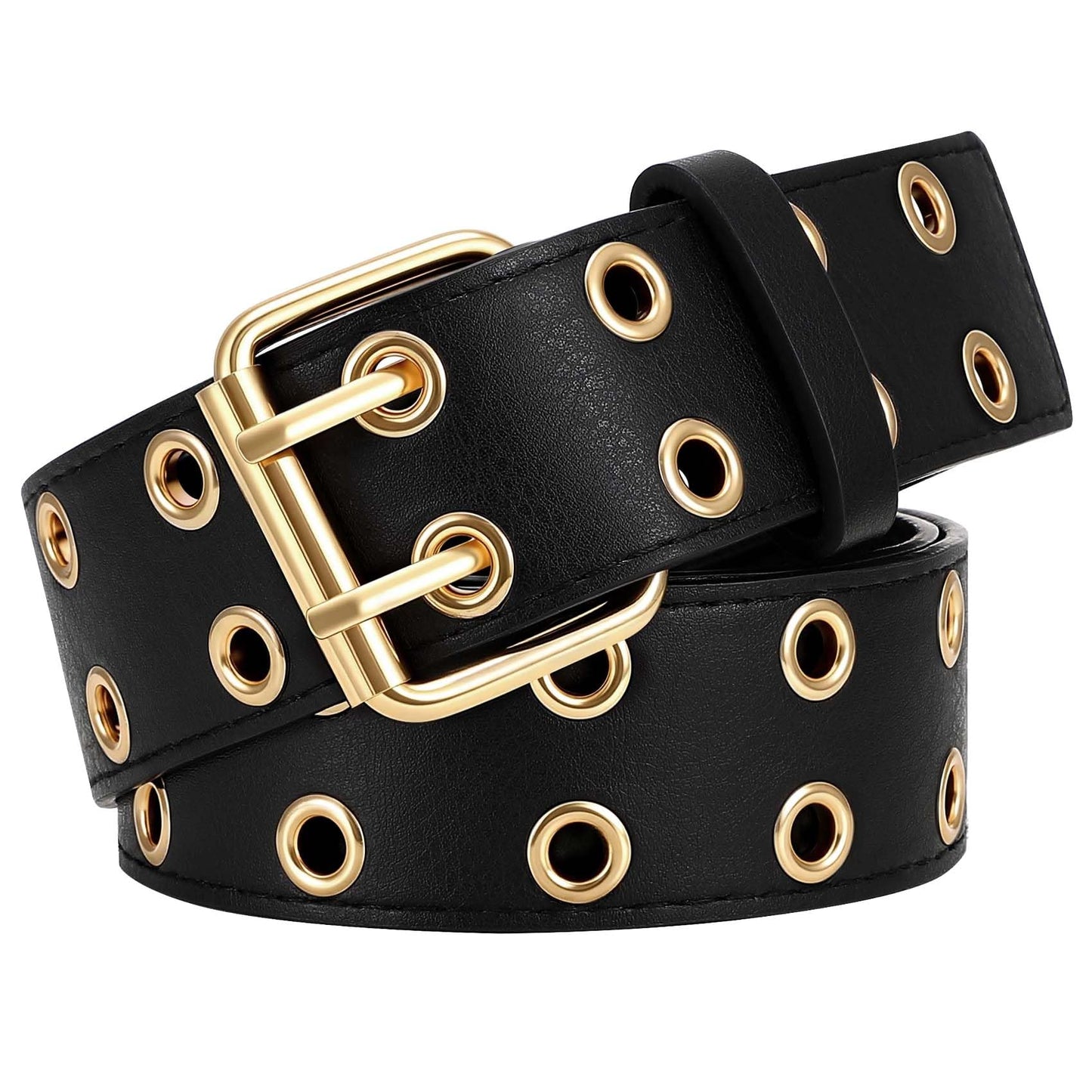HOTXZQTIVE Double Grommet PU Leather Belt for Women Men Punk metal Jean Belt Wide 1.5 Inch