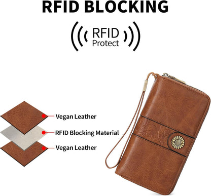 HOTSENDEFN Wallet for Women Leather Double Zipper RFID Blocking Card Holder, Large Capacity Clutch Wallet with Wristlet