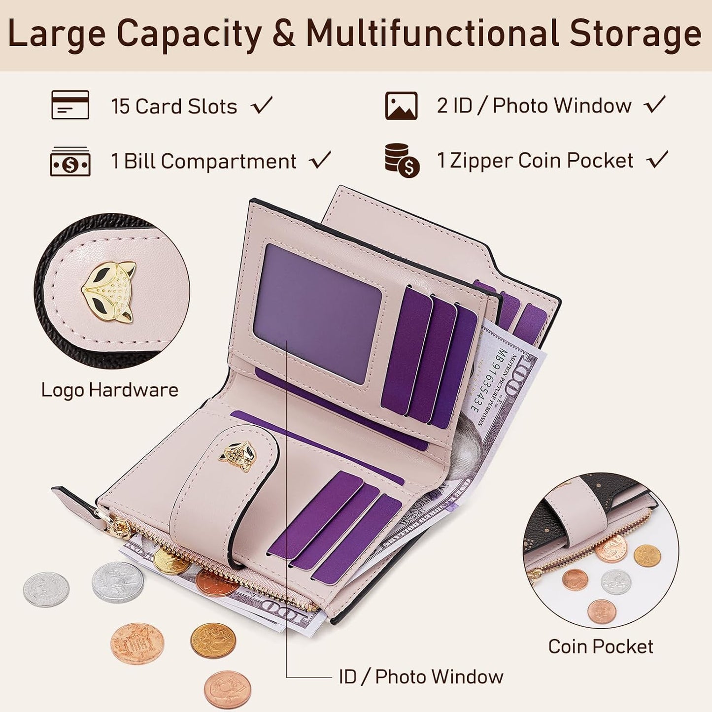 HOTFOXLOVER Small Wallet for Women RFID Blocking Leather Bifold Zipper Pocket Wallet Credit Card Holder with ID Window & Gift Box
