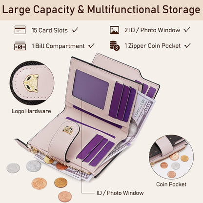 HOTFOXLOVER Small Wallet for Women RFID Blocking Leather Bifold Zipper Pocket Wallet Credit Card Holder with ID Window & Gift Box