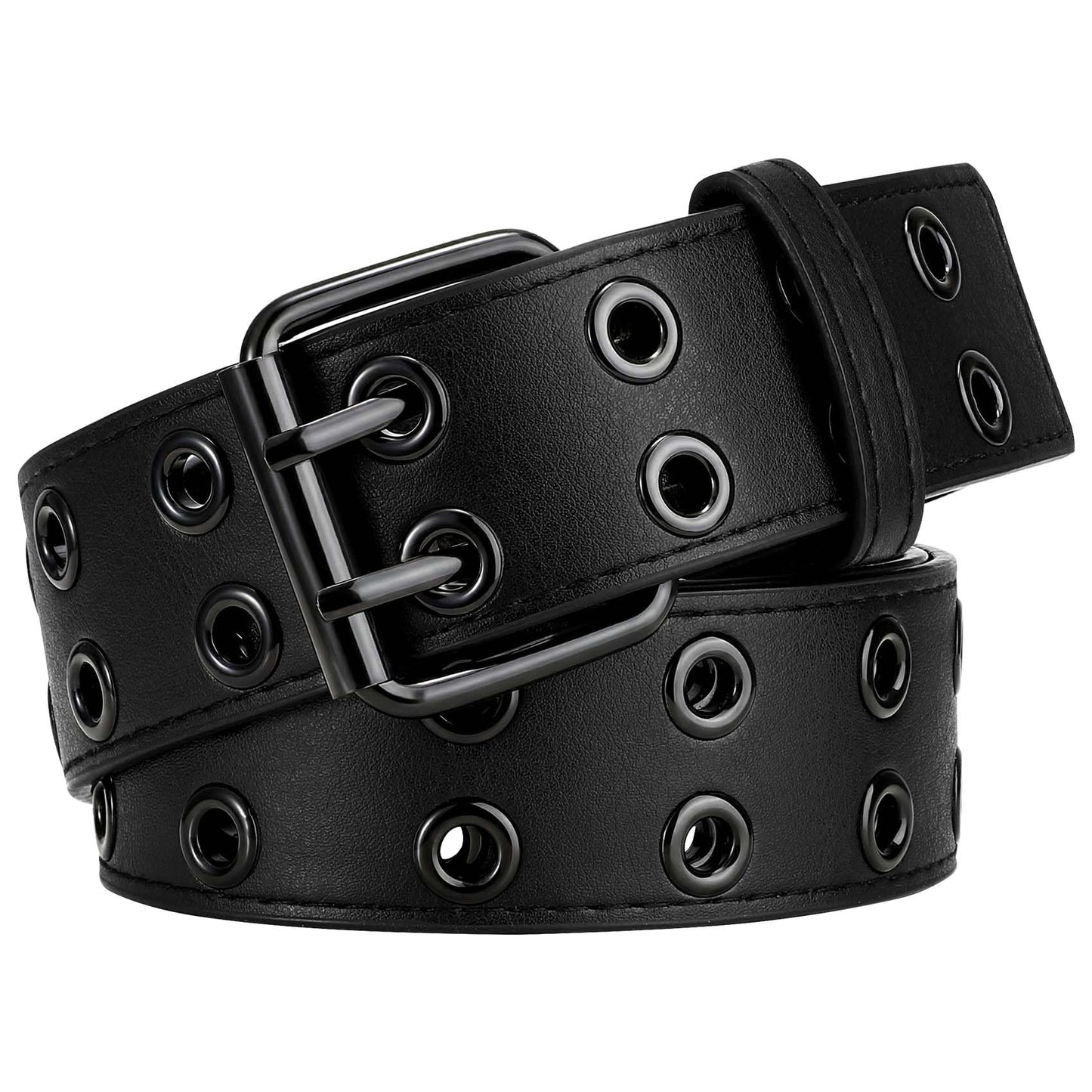 HOTXZQTIVE Double Grommet PU Leather Belt for Women Men Punk metal Jean Belt Wide 1.5 Inch