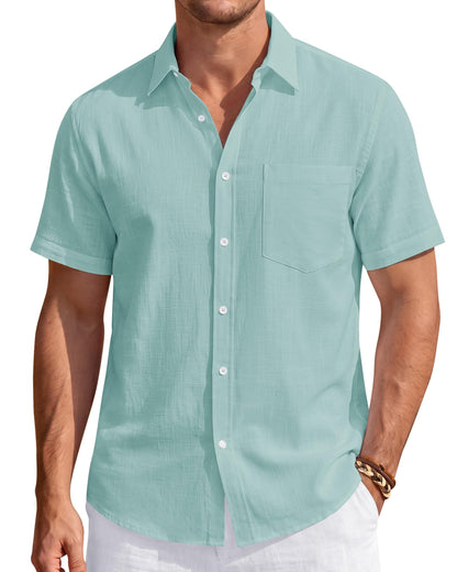 HOTJ.VER Mens Linen Shirt Short Sleeve Button Down Casual Summer Shirts | Cotton Linen, Untucked, Big Tall, from Beach Camp Vacation, Cruise Fishing, Work Office, to Wedding Party Family, with Pocket