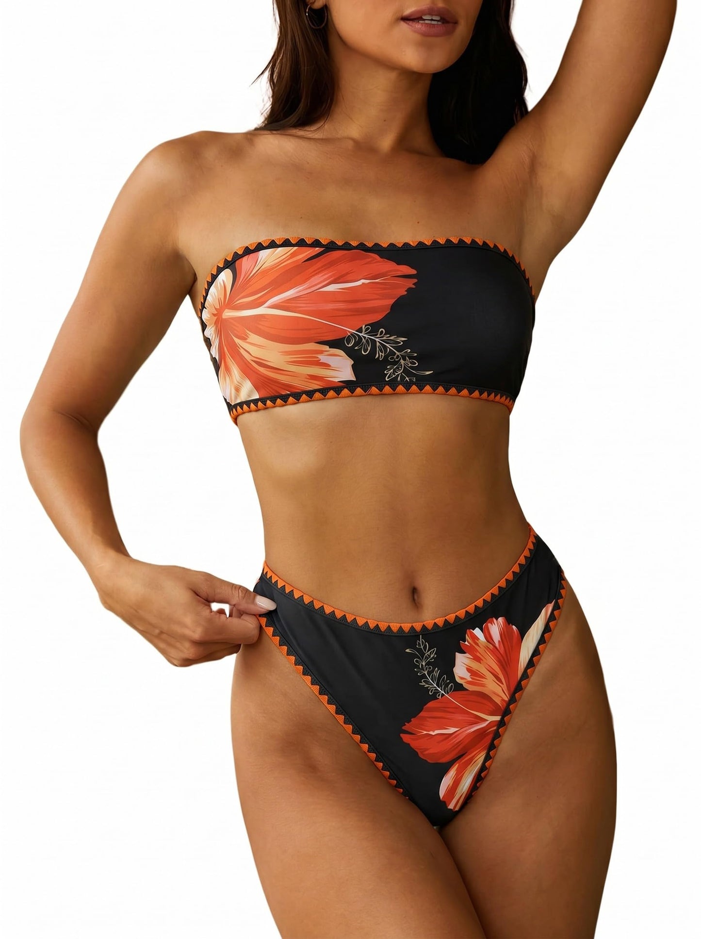 HOTZAFUL Women Strapless Bandeau Bikini 2 Piece Swimwear Lace up Bathing Suits | Strapless Textured Bikini Set Cheeky Solid Bandeau Bathing Suits