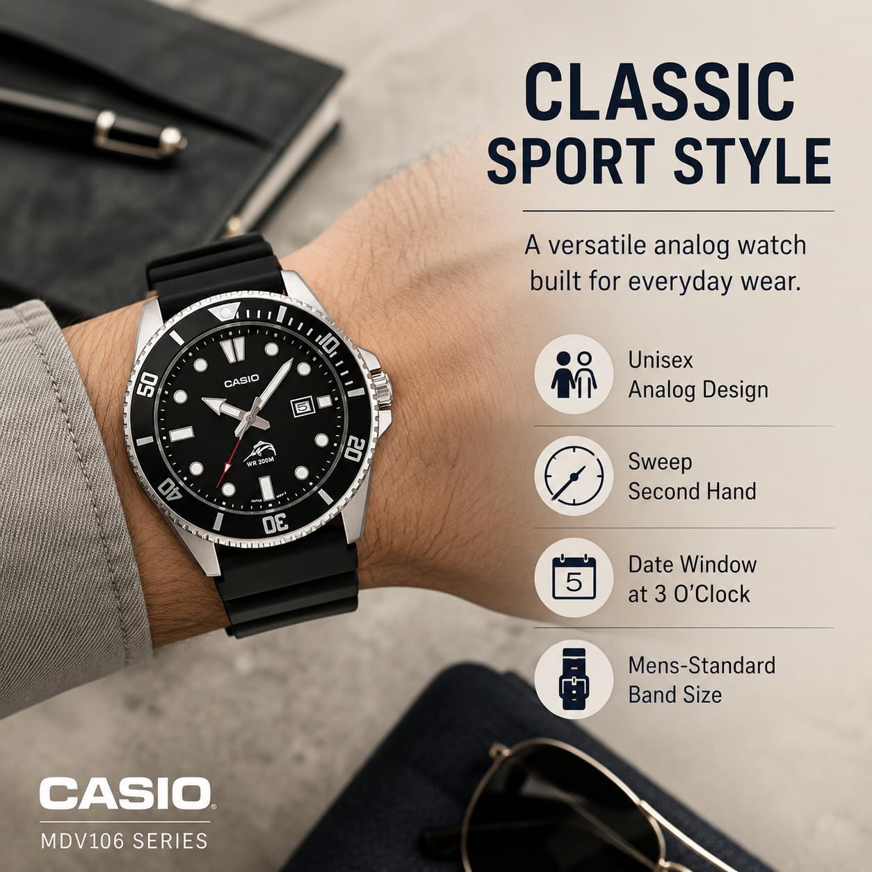 HOTCasio MDV106 Series | Unisex Analog Watch | 200M WR | Stainless Steel Case | Resin Band | 2 Hand Analog (HR, Min, SEC) | Date Display | Screw Down Crown/Screw Down Caseback | 3 Year Battery