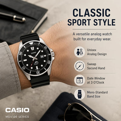 HOTCasio MDV106 Series | Unisex Analog Watch | 200M WR | Stainless Steel Case | Resin Band | 2 Hand Analog (HR, Min, SEC) | Date Display | Screw Down Crown/Screw Down Caseback | 3 Year Battery