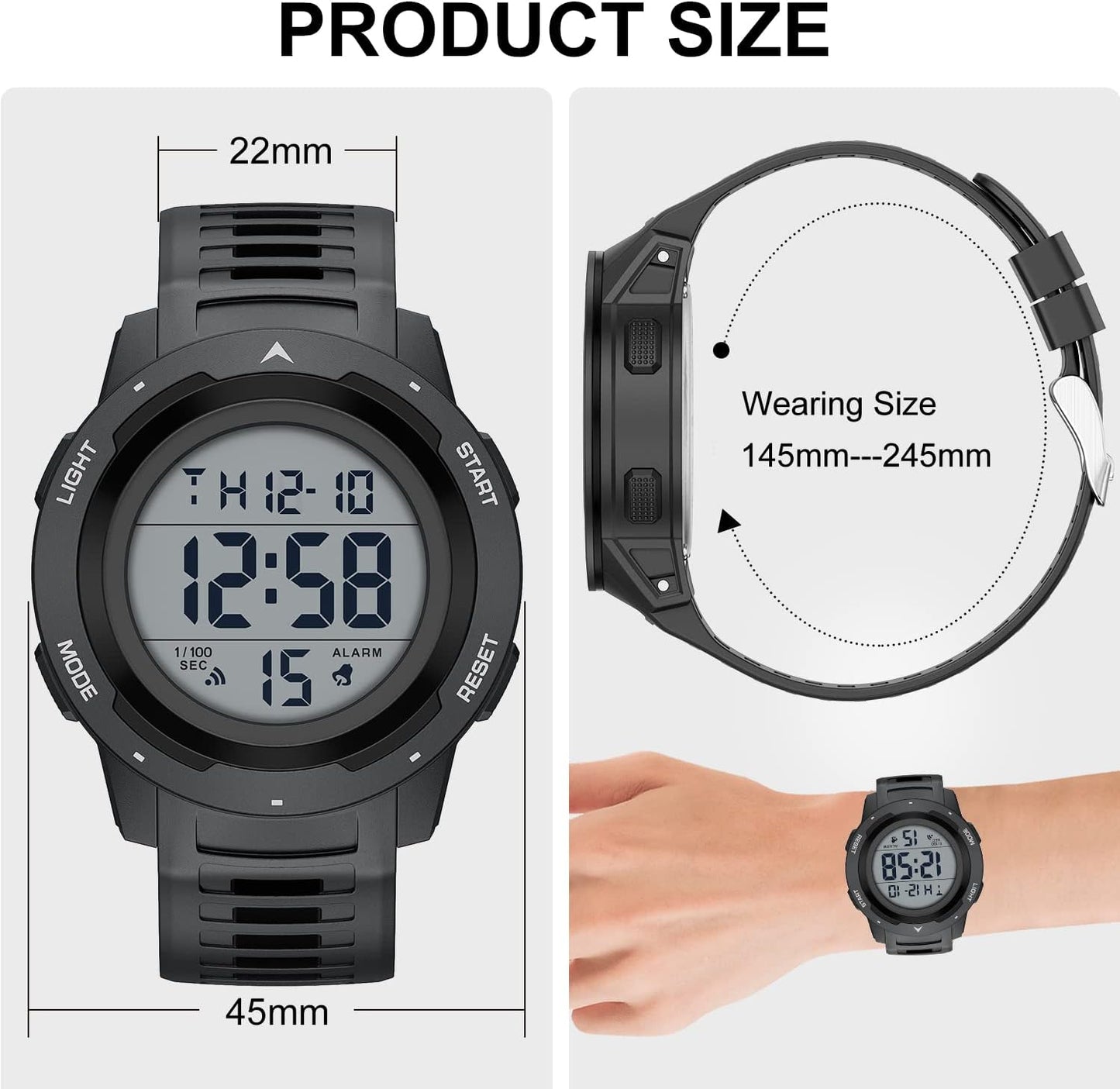 HOTGOLDEN HOUR Mens Waterproof Digital Sport Watches Wide Screen Easy Read Display Military Style with Rubber Strap
