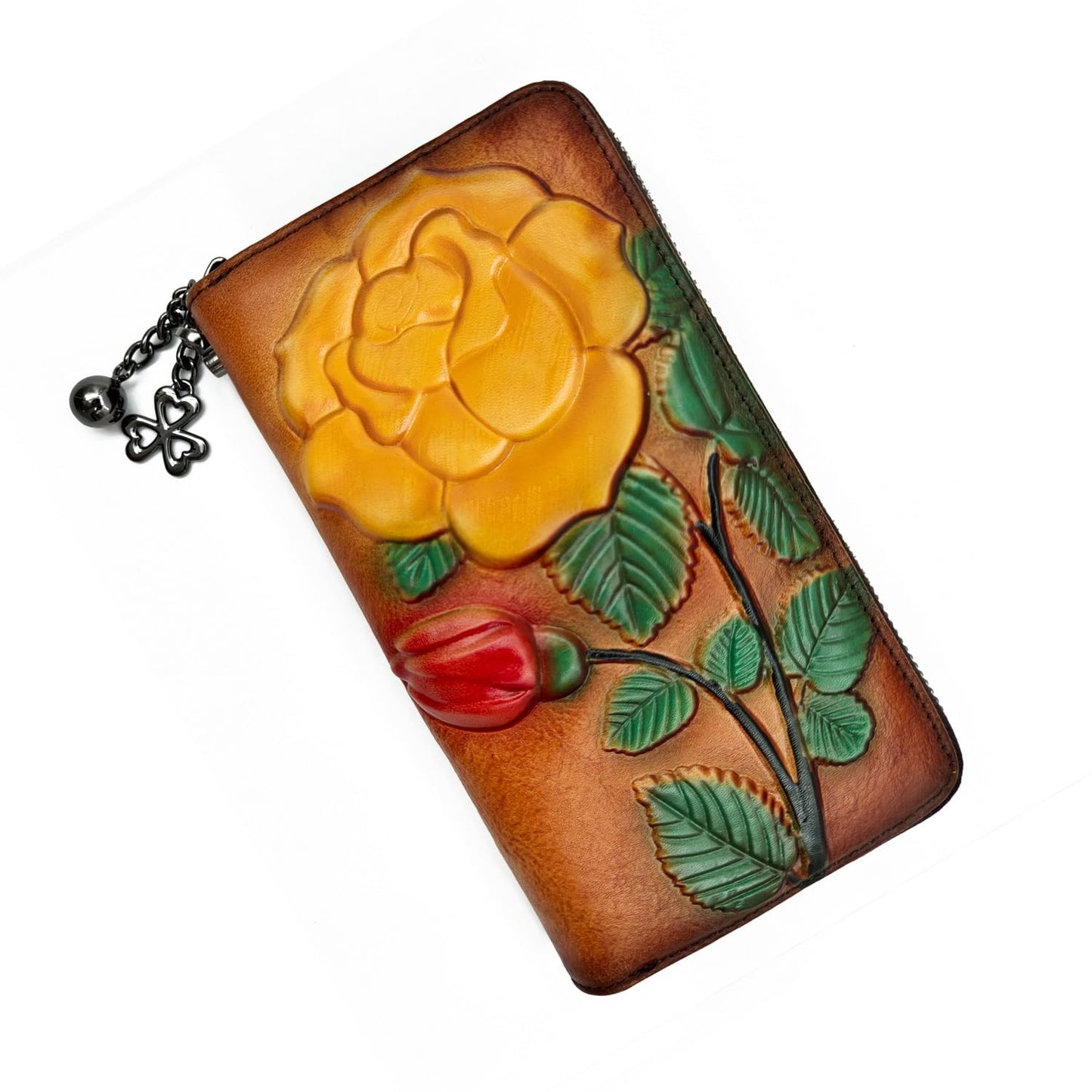HOTWallet Genuine Leather for Women - with RFID Blocking Card checkbook ID Slot Large Capacity Vintage style (flower brown)