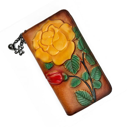 HOTWallet Genuine Leather for Women - with RFID Blocking Card checkbook ID Slot Large Capacity Vintage style (flower brown)