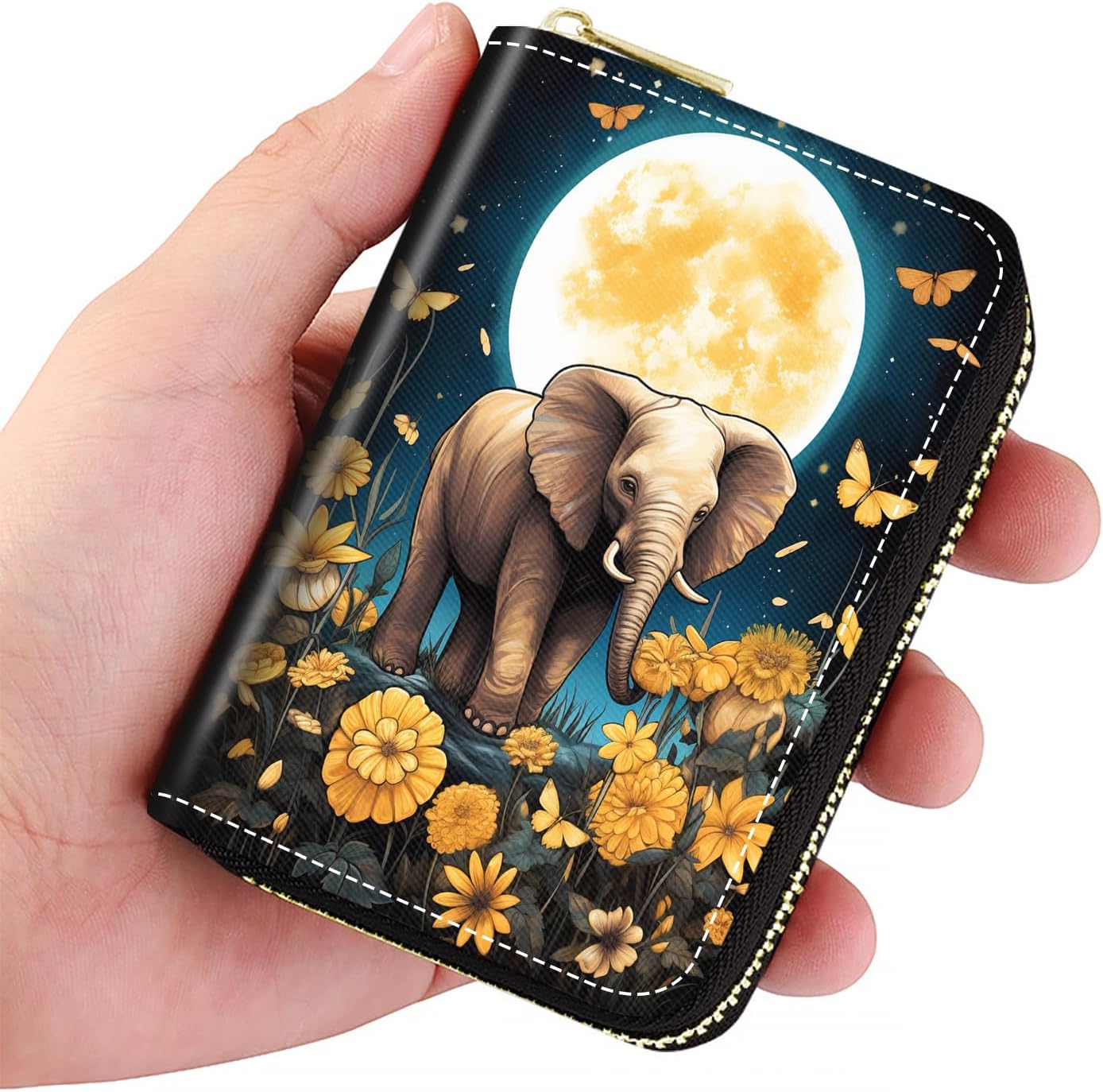 HOTCredit Card Holder Wallets for Women, Slim Leather Card Holder Wallet, Credit Card Wallet Organizer, Pocket Business Card Case with Zipper, Elephants and Flowers Under the Moon
