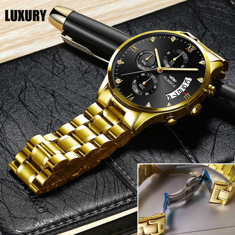HOTDREAMING Q&P Men's Watches Luxury Fashion Casual Dress Chronograph Waterproof Military Quartz Wristwatches for Men Stainless Steel Band Gold Black