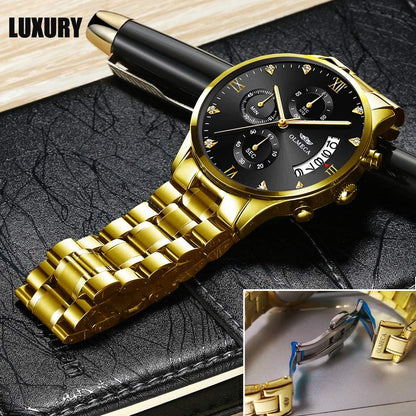 HOTDREAMING Q&P Men's Watches Luxury Fashion Casual Dress Chronograph Waterproof Military Quartz Wristwatches for Men Stainless Steel Band Gold Black